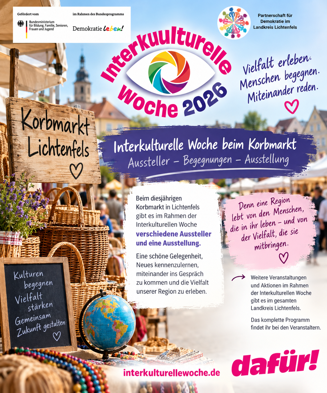 Plakat zur Interkulturellen Woche 2026 beim Korbmarkt in Lichtenfels mit Hinweis auf Aussteller, Begegnungen und eine Ausstellung